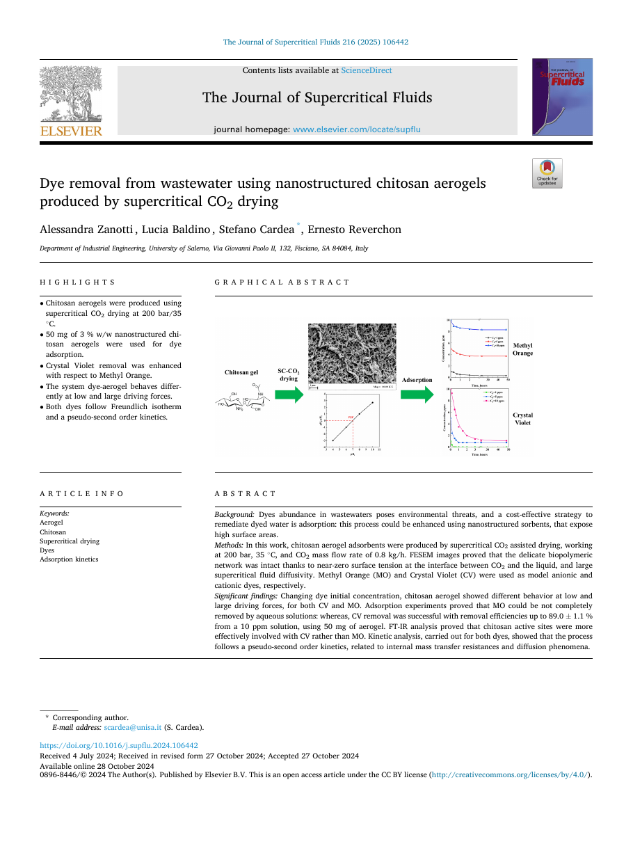 Dye Removal from Wastewater Using Nanostructured Chitosan Aerogels Produced by Supercritical CO2 Drying