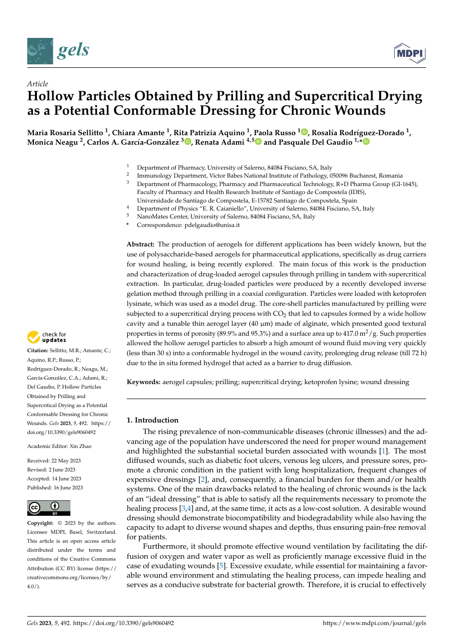 Hollow Particles Obtained by Prilling and Supercritical Drying as a Potential Conformable Dressing for Chronic Wounds first page