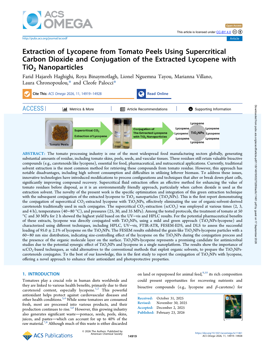Extraction of Lycopene from Tomato Peels Using Supercritical Carbon Dioxide and Conjugation of the Extracted Lycopene with TiO2 Nanoparticles first page