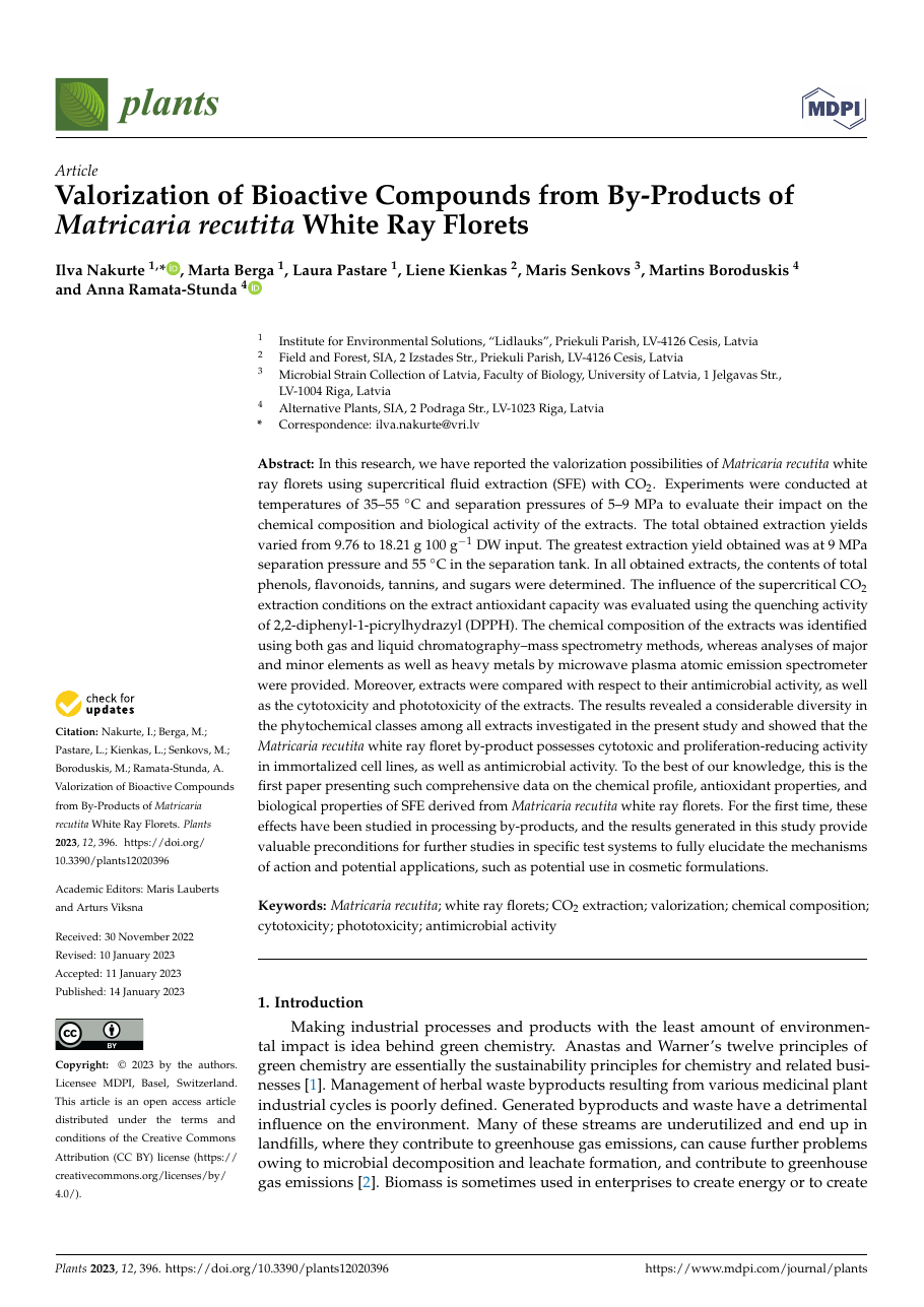 Valorization of Bioactive Compounds from By-Products of Matricaria recutita White Ray Florets
